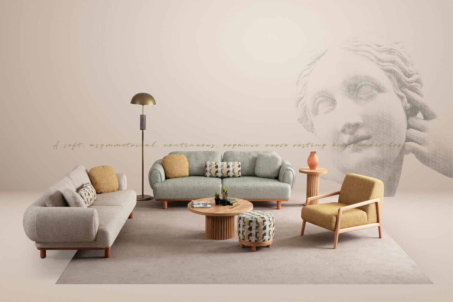 Sitzgruppe/Sofa Set - Wohnzimmergarnitur "Azalea" - Mintgrün/Beige/Gelb - Nobelaa