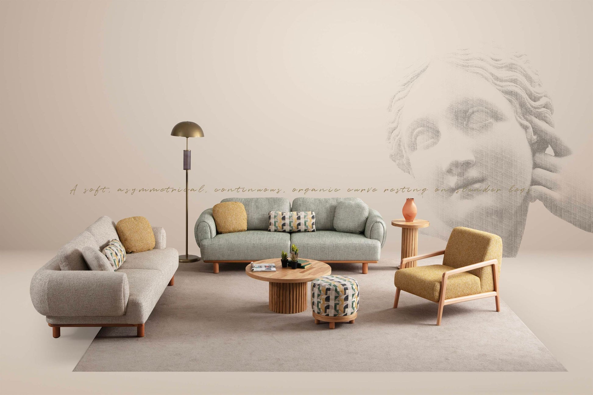 Sitzgruppe/Sofa Set - Wohnzimmergarnitur "Azalea" - Mintgrün/Beige/Gelb - Nobelaa