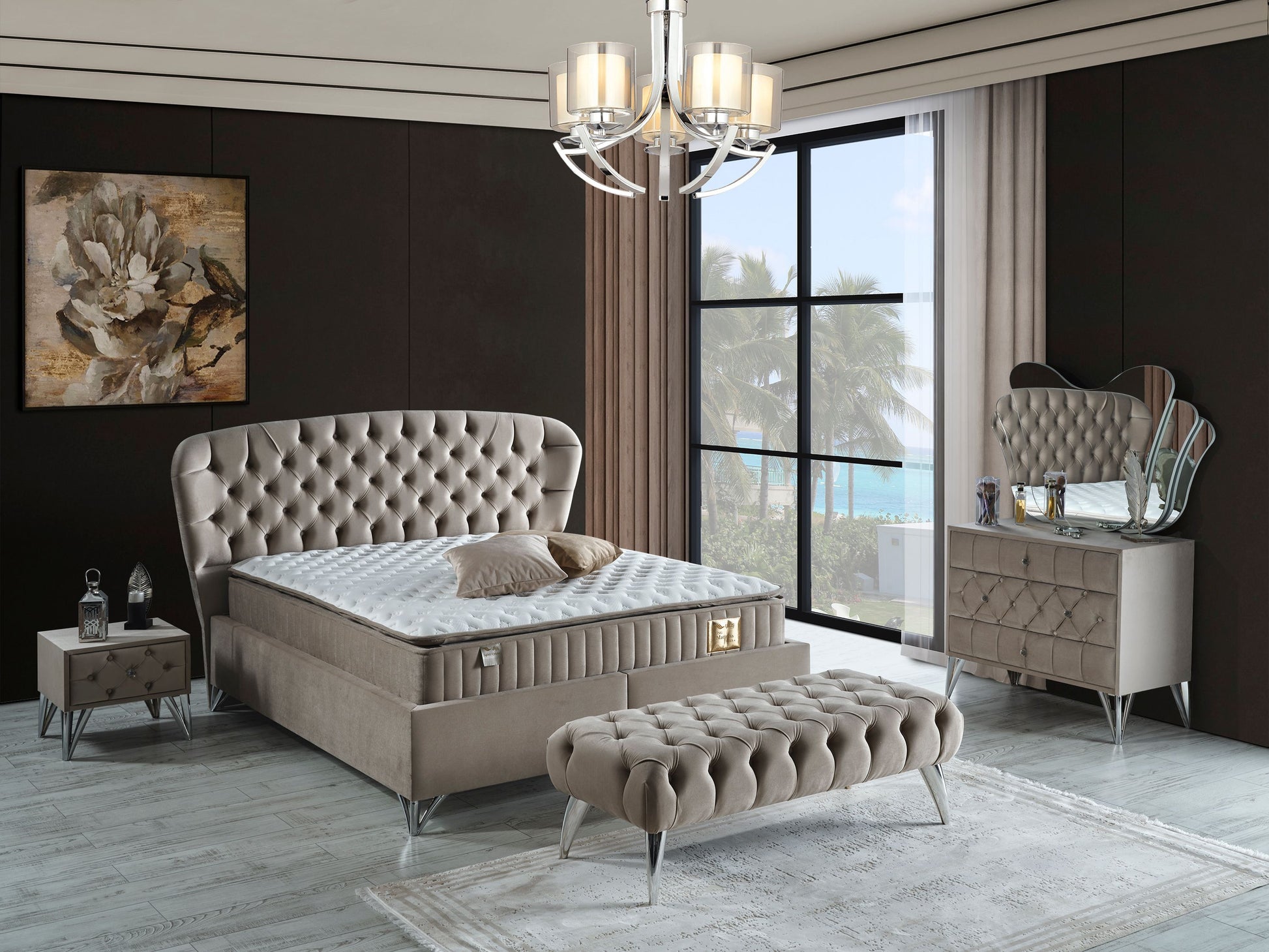 Schlafzimmer-Set "Bellana" – Bett mit Bettkasten und Matratze , Nachttisch, Kommode, Bettbank