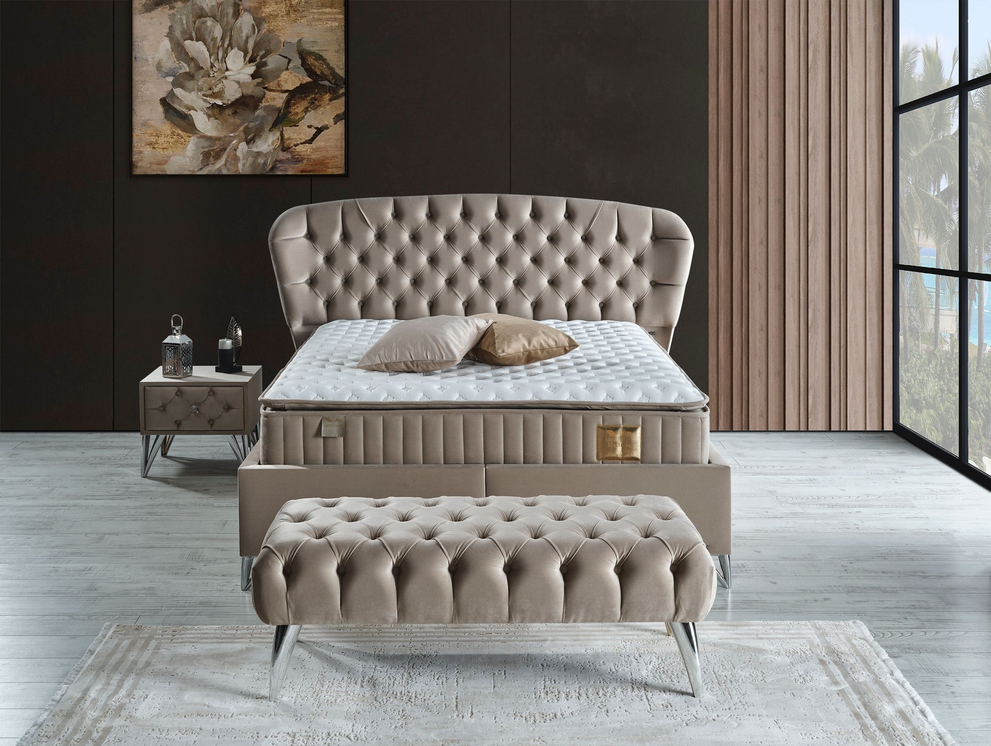 Schlafzimmer-Set "Bellana" – Bett mit Bettkasten und Matratze , Nachttisch, Kommode, Bettbank