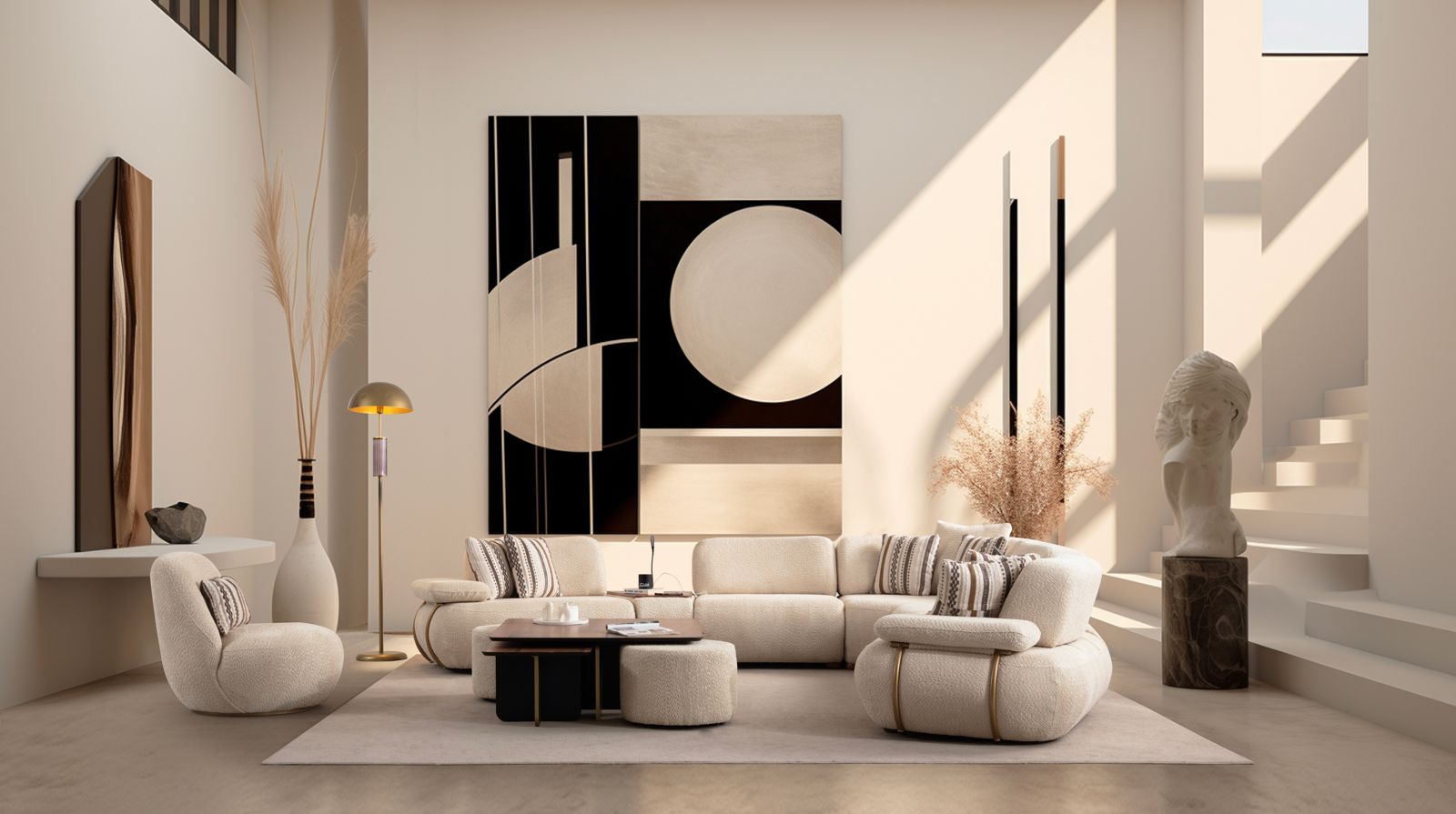 Modulare Ecksofa "Cascade" + Mittelkonsolentisch + Sessel + Hocker - Beige - Nobelaa