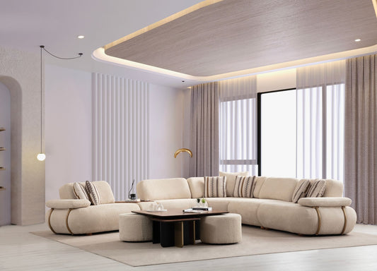 Modulare Ecksofa "Cascade" + Mittelkonsolentisch + Sessel + Hocker - Beige - Nobelaa