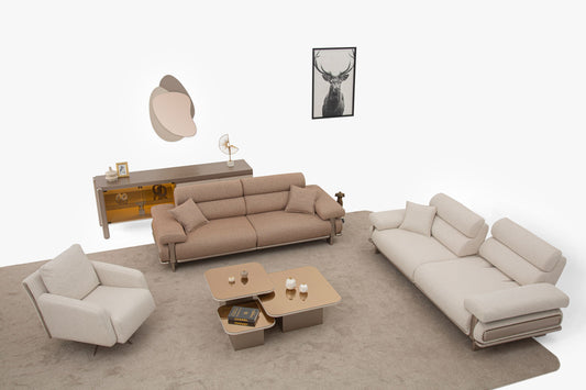 Sitzgruppe/Sofa Set - Wohnzimmergarnitur "Cassiope" 3+3+1+1 - Beige/Braun - Nobelaa