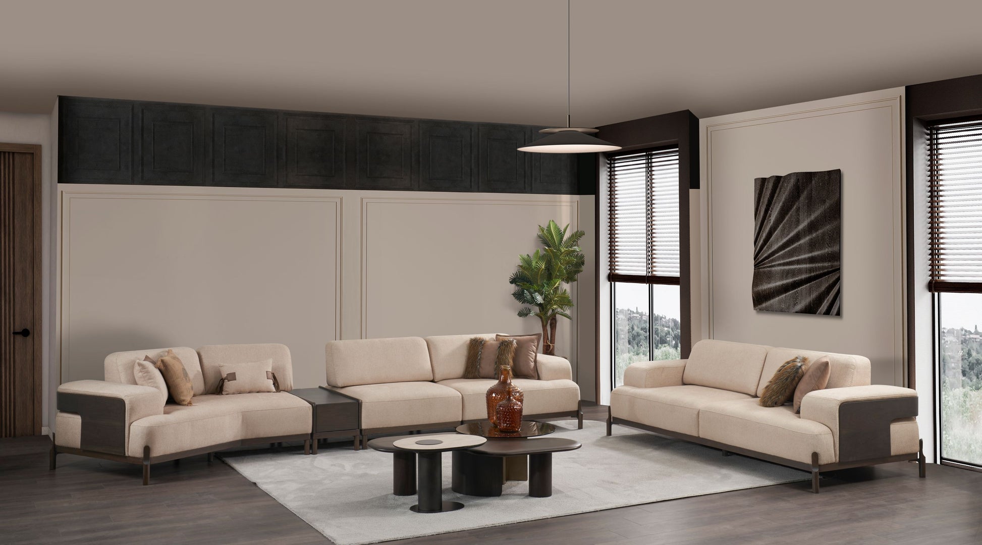 Ecksofa "Snowdrop" + 3 Sitzer + Sessel + Mittelkonsolentisch + Hocker - Beige - Nobelaa