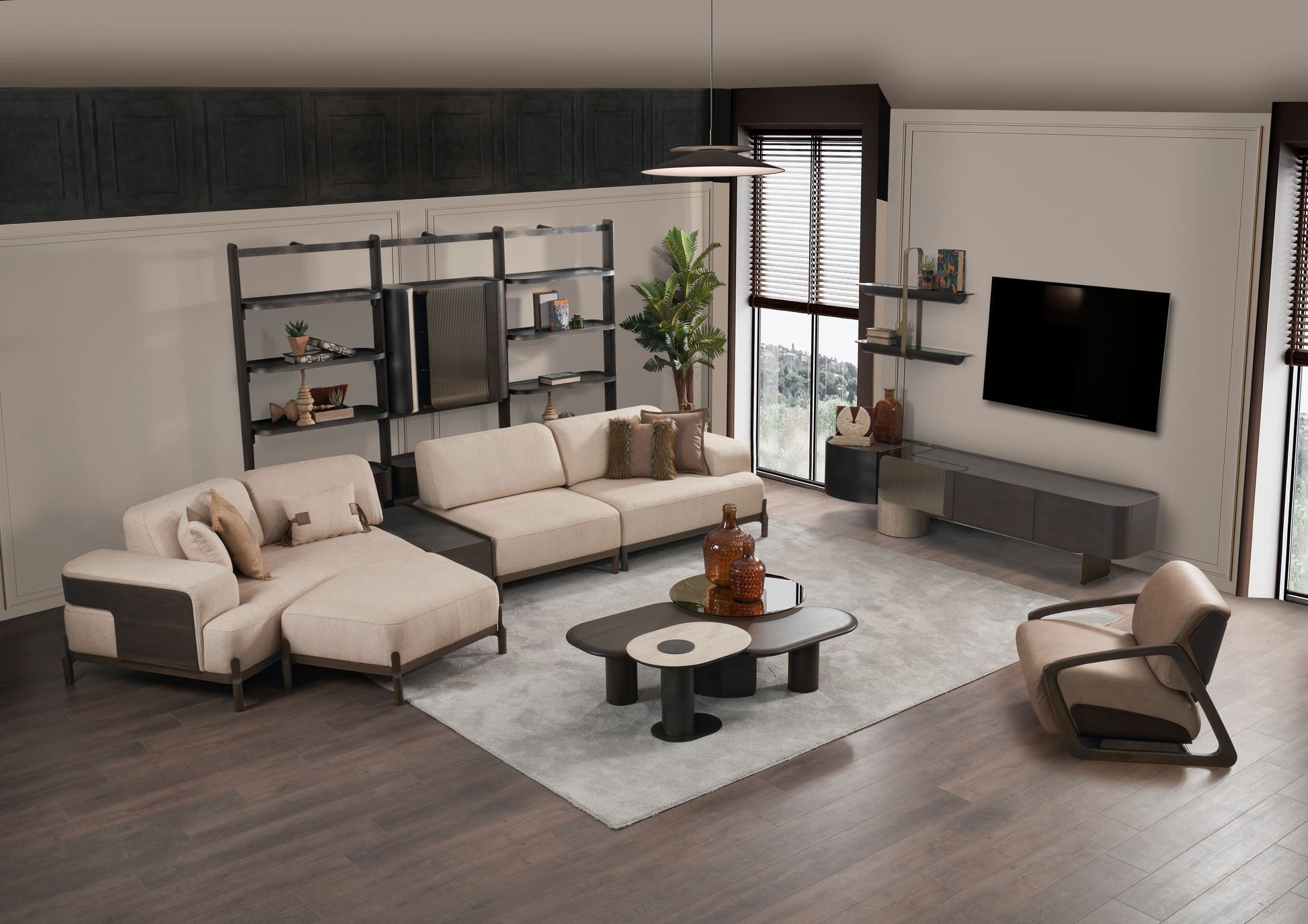 Ecksofa "Snowdrop" + 3 Sitzer + Sessel + Mittelkonsolentisch + Hocker - Beige - Nobelaa