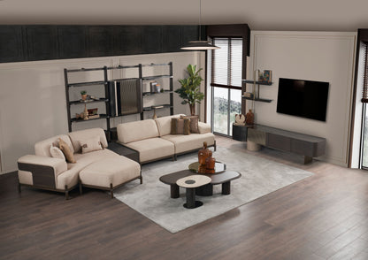 Ecksofa "Snowdrop" + 3 Sitzer + Sessel + Mittelkonsolentisch + Hocker - Beige - Nobelaa