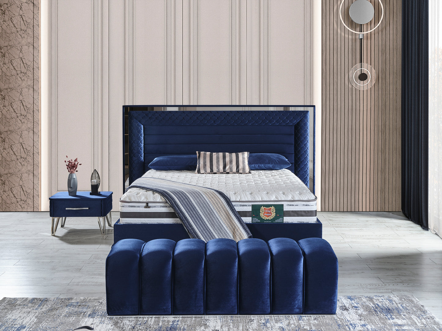Schlafzimmer-Set "Elara" – Bett mit Bettkasten und Matratze , Nachttisch, Kommode, Bettbank
