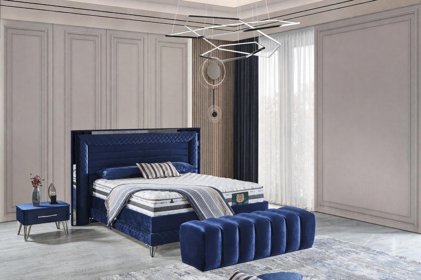 Schlafzimmer-Set "Elara" – Bett mit Bettkasten und Matratze , Nachttisch, Bettbank
