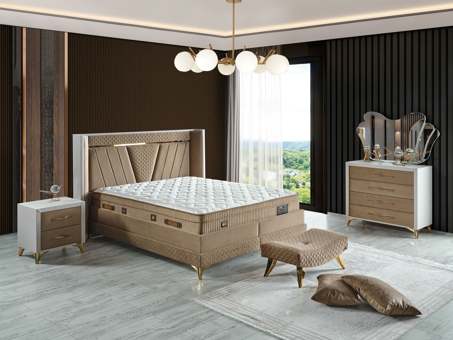 Schlafzimmer-Set "Elvina" – Bett mit Bettkasten mit Matratze, Nachttisch, Kommode, Bettbank