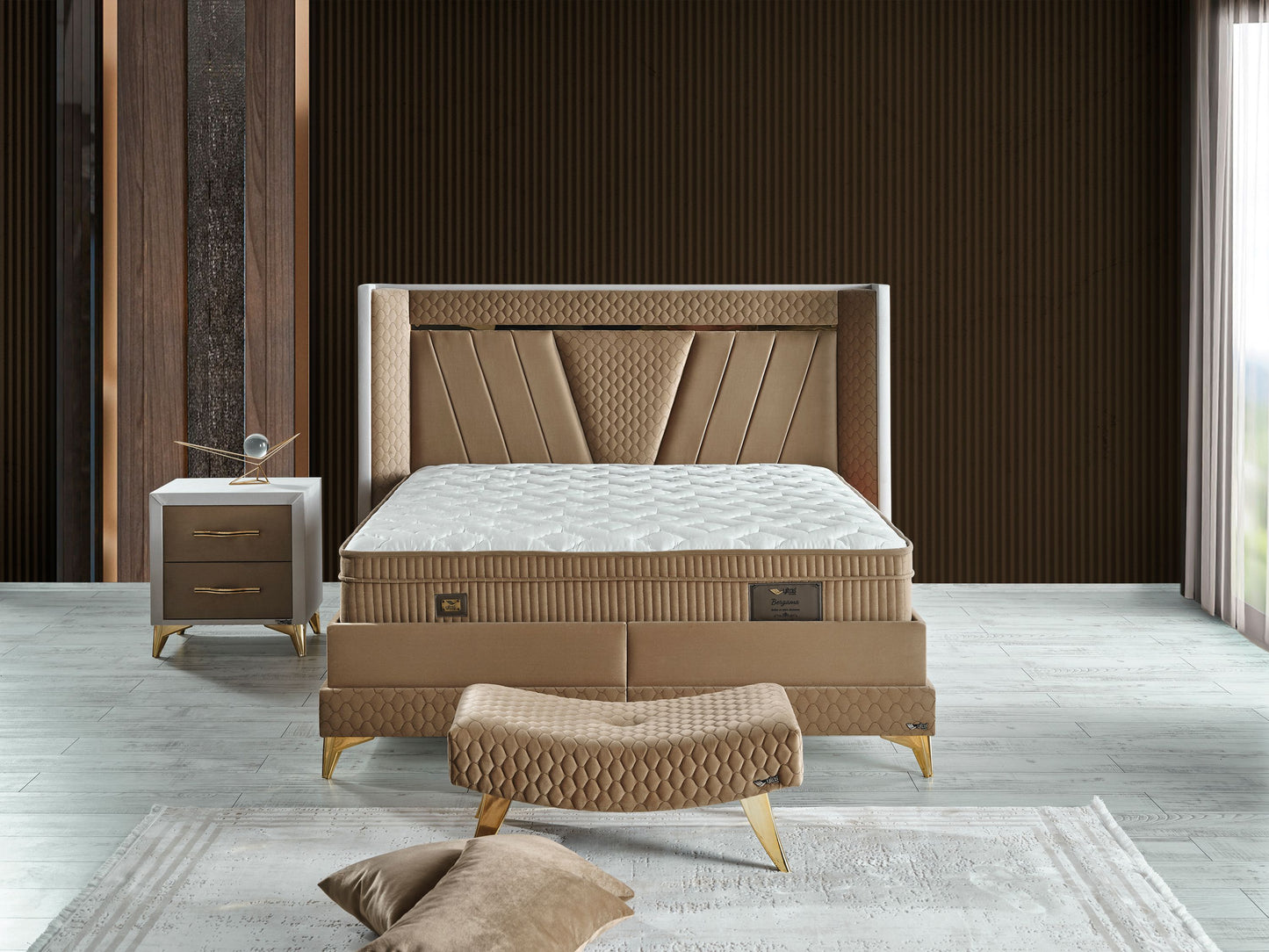 Schlafzimmer-Set "Elvina" – Bett mit Bettkasten mit Matratze, Nachttisch, Kommode, Bettbank