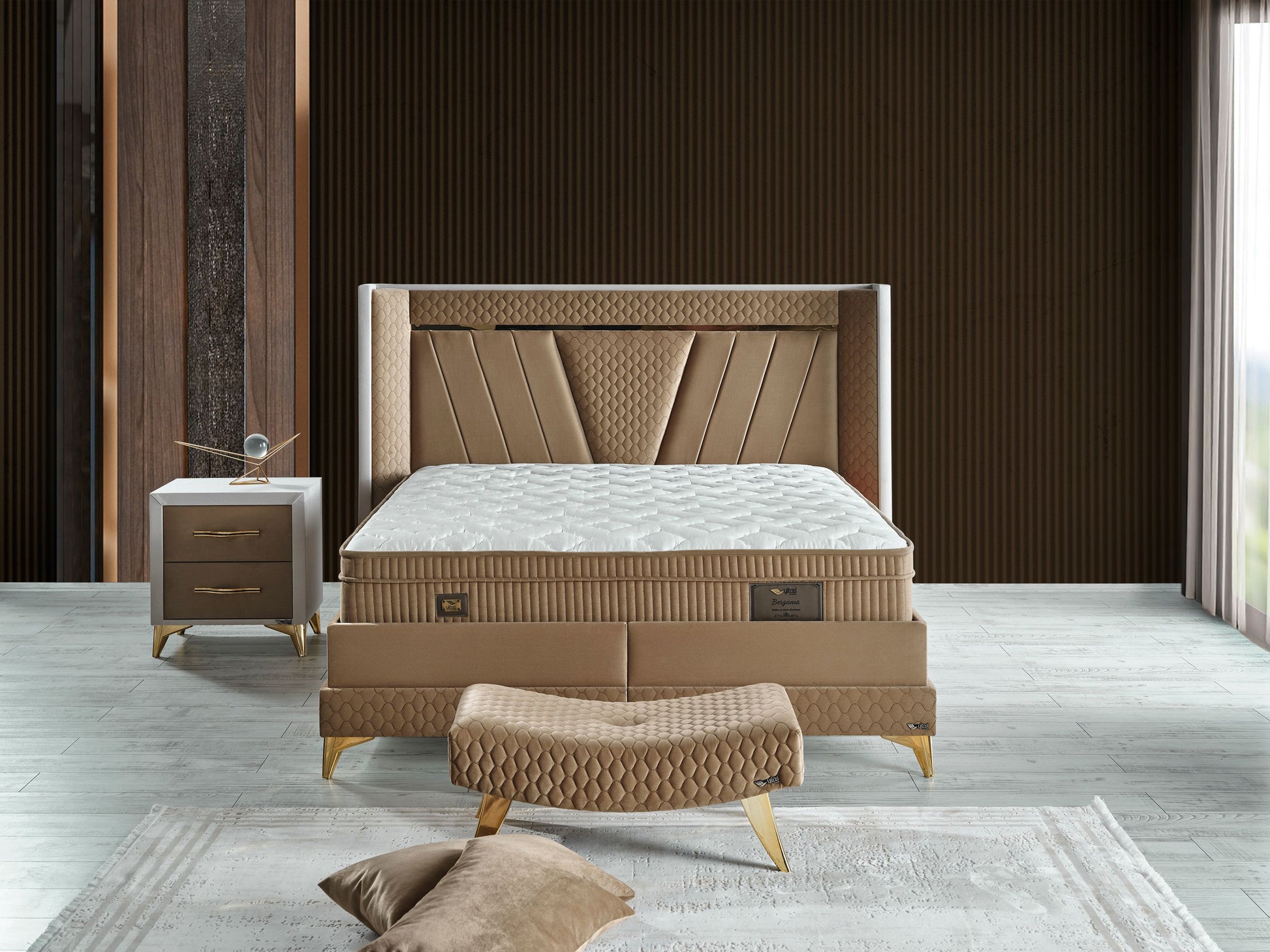Schlafzimmer-Set "Elvina" – Bett mit Bettkasten mit Matratze, Nachttisch, Kommode, Bettbank