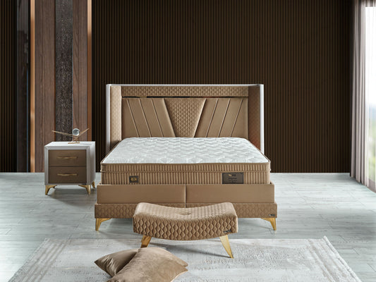 Schlafzimmer-Set "Elvina" – Bett mit Bettkasten mit Matratze, Nachttisch, Kommode, Bettbank
