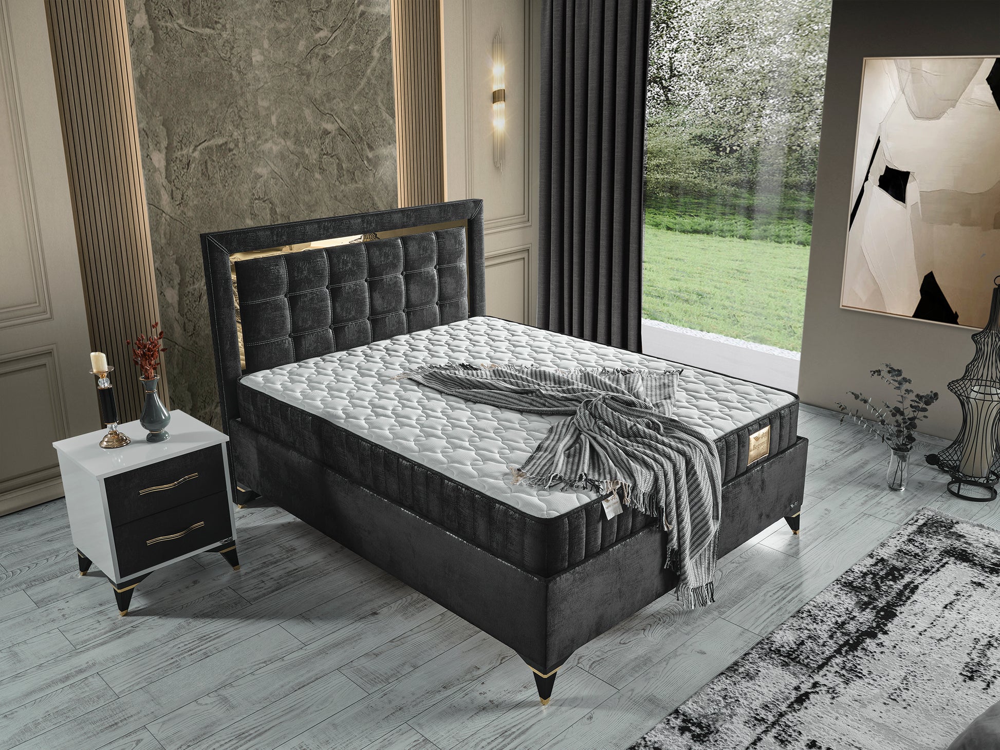 Schlafzimmer-Set "Florimella" – Bett mit Bettkasten, Nachttisch, Mit Matratze