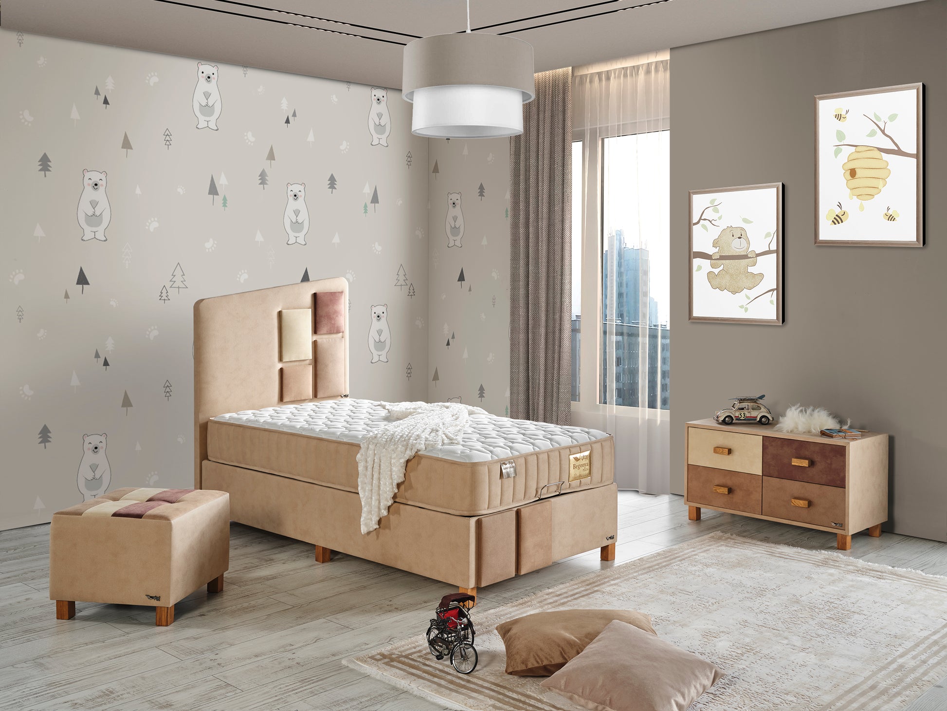 Schlafzimmer-Set "Liliana" – Bett mit Bettkasten, Hocker, Kommode und Matratze