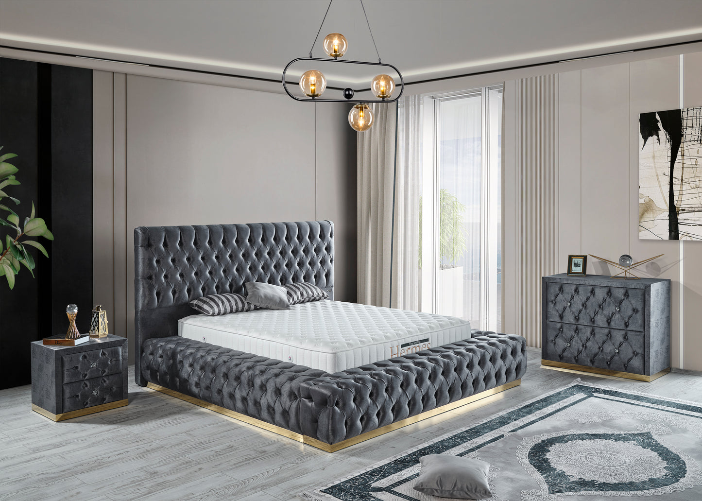Schlafzimmer-Set "Liora" – Bett mit Bettkasten und Matratze, Nachttisch, Kommode