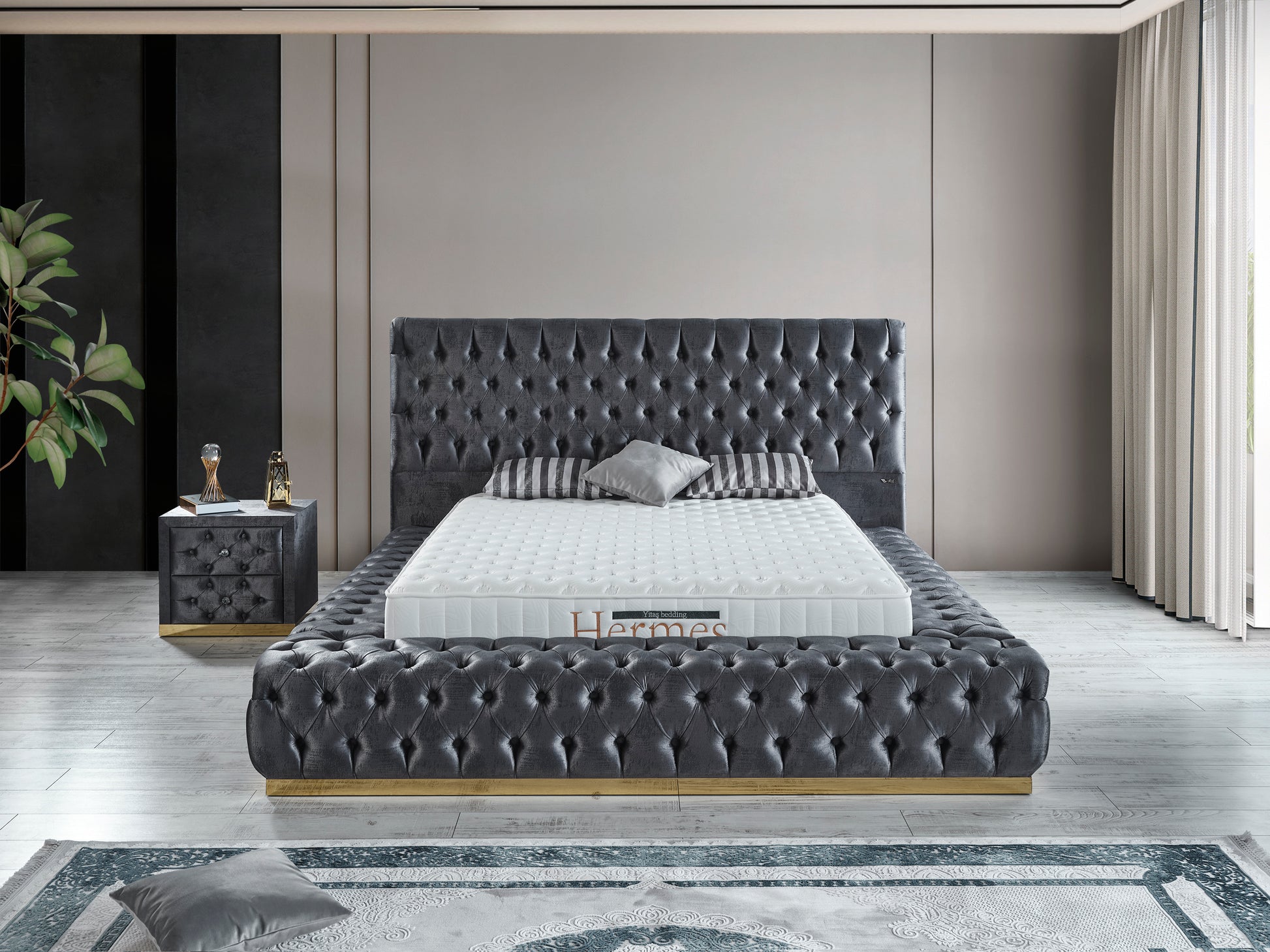 Schlafzimmer-Set "Liora" – Bett mit Bettkasten und Matratze, Nachttisch, Kommode