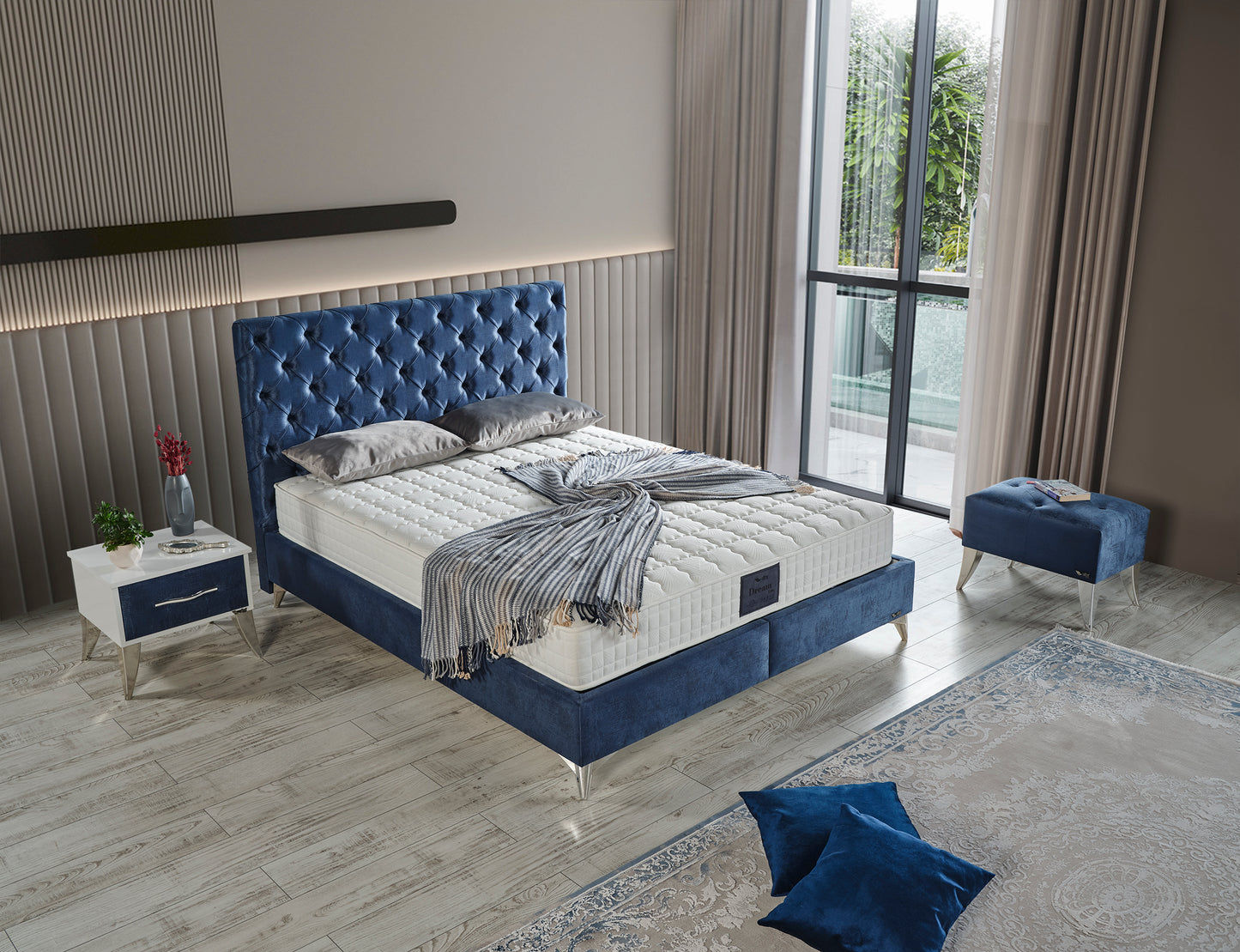Schlafzimmer-Set "Lona" – Bett mit Bettkasten und Matratze , Nachttisch, Hocker