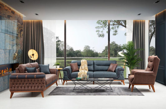 Sitzgruppe/Sofa Set - Wohnzimmergarnitur "Mayflower" 3+3+1+1 - Blau/Braun - Nobelaa
