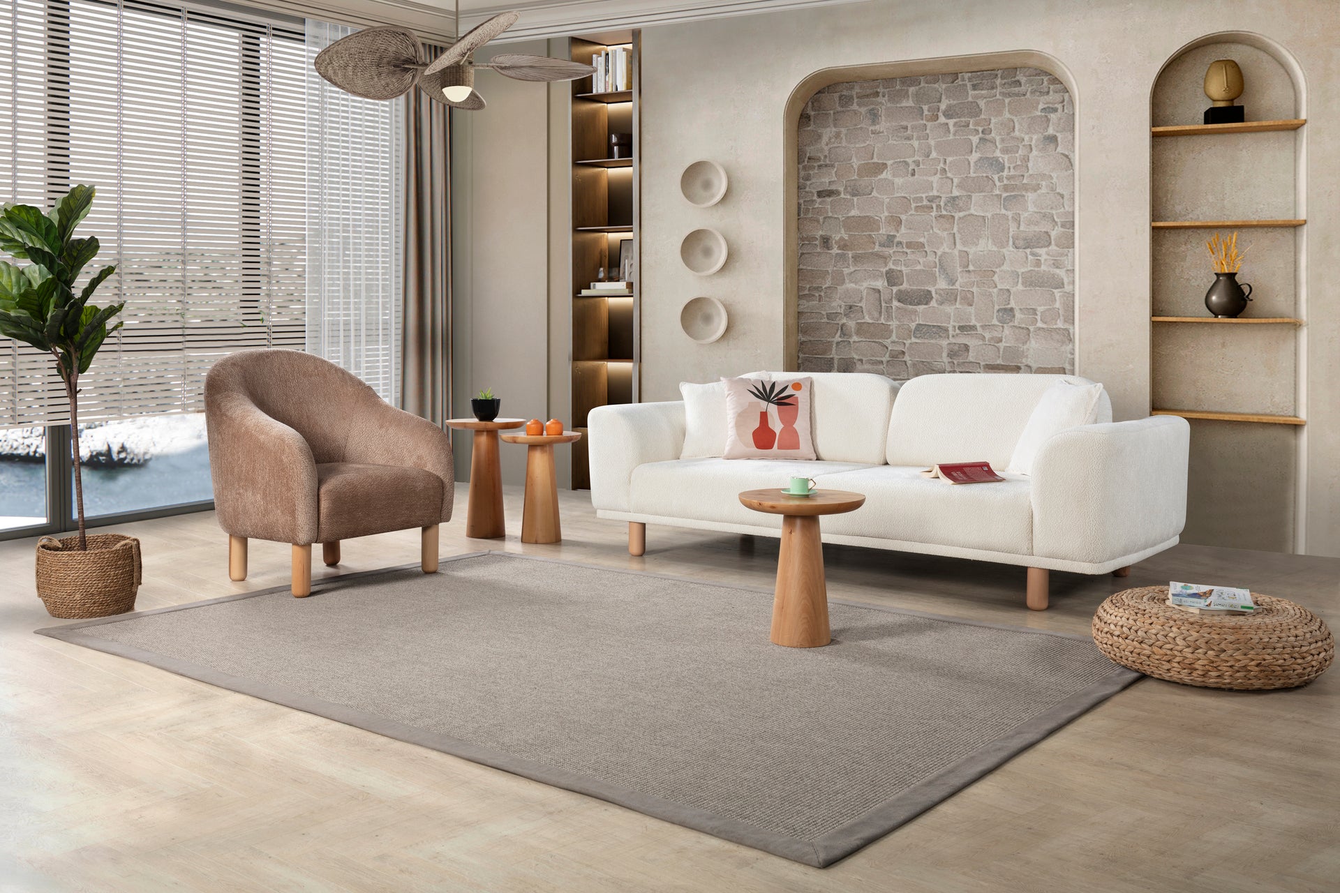 Sitzgruppe/Sofa Set - Wohnzimmergarnitur "Midnight" 3+3+1- Hellbraun/Weiß - Nobelaa