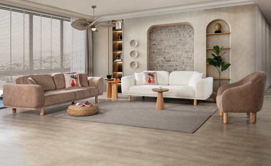Sitzgruppe/Sofa Set - Wohnzimmergarnitur "Midnight" 3+3+1- Hellbraun/Weiß - Nobelaa