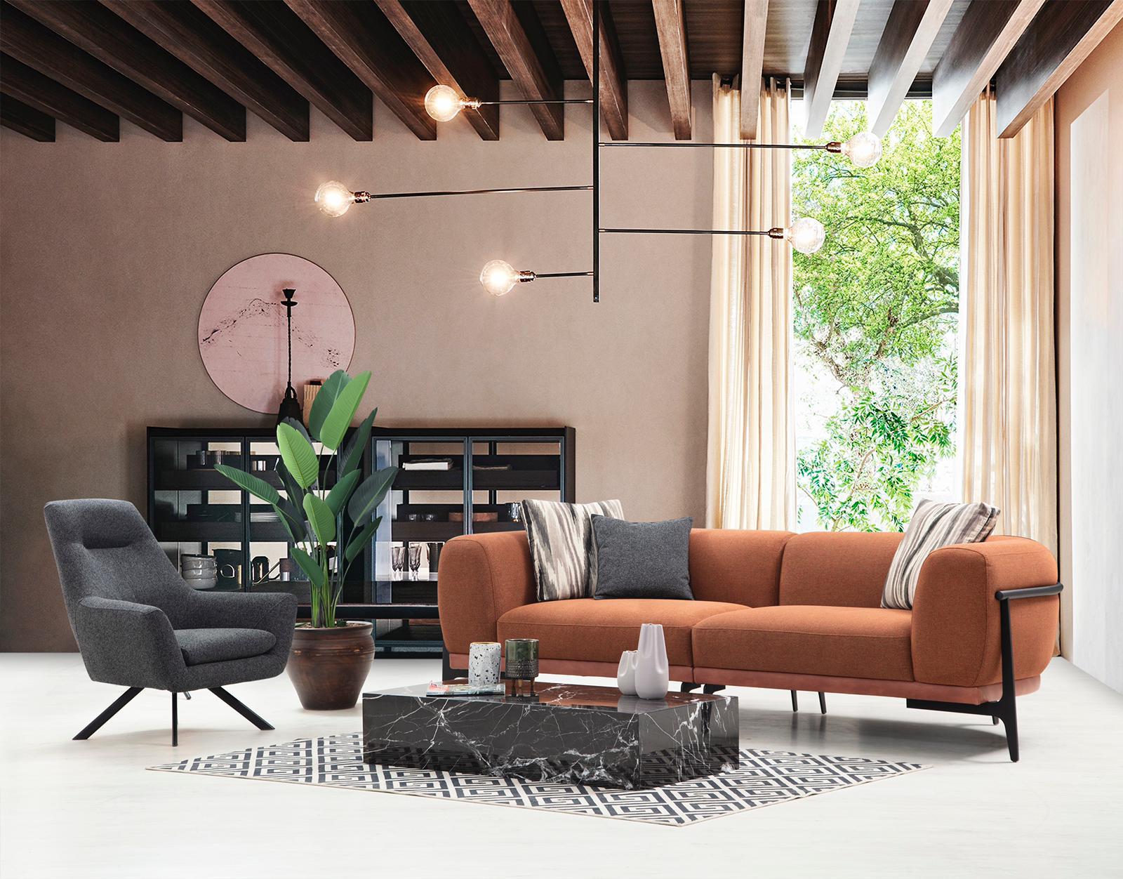 Sitzgruppe/Sofa Set - "Mock-orange" - Ecksofa + 3-Sitzer + Sessel - Orange/Grau - Nobelaa