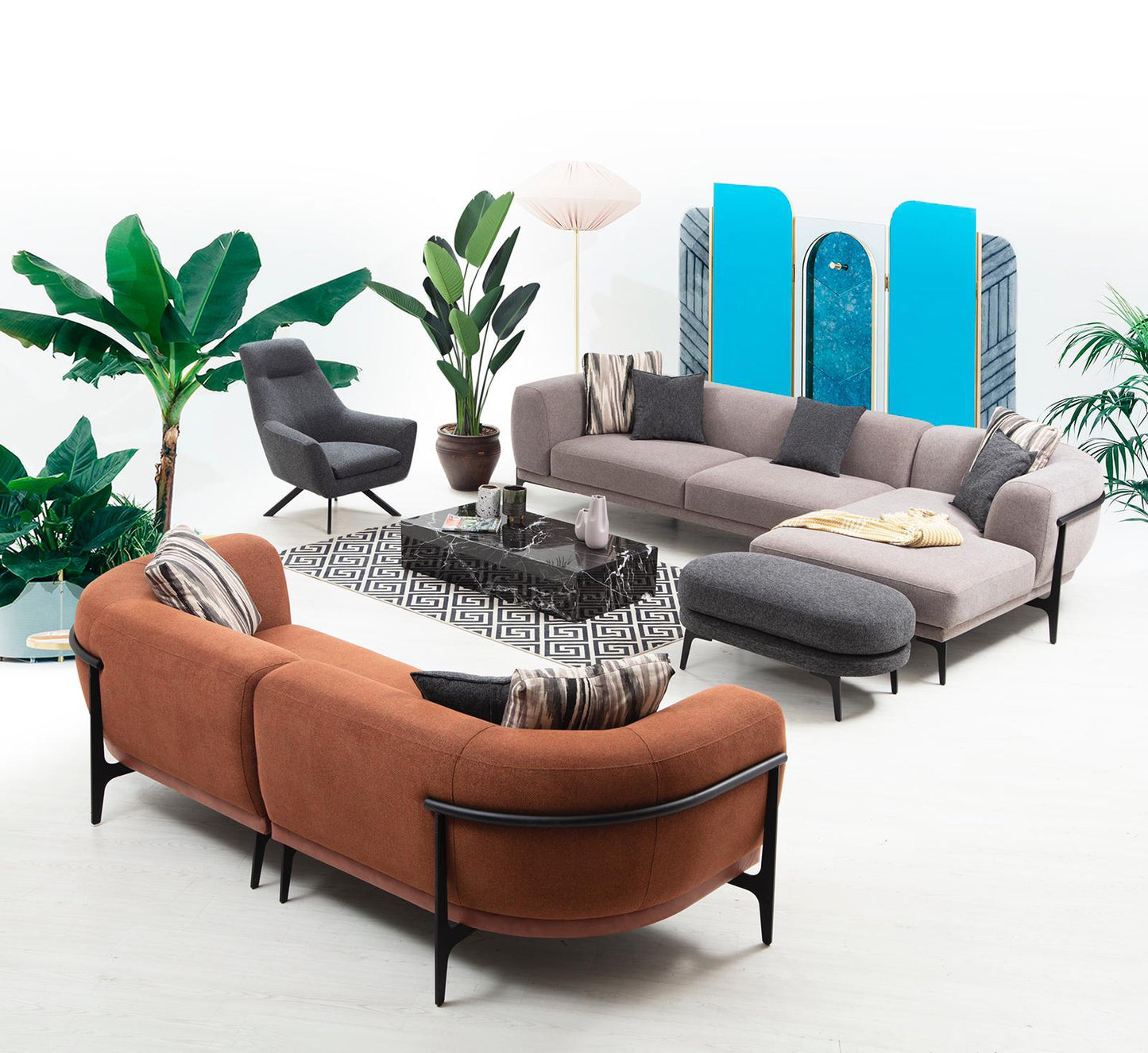 Sitzgruppe/Sofa Set - "Mock-orange" - Ecksofa + 3-Sitzer + Sessel - Orange/Grau - Nobelaa