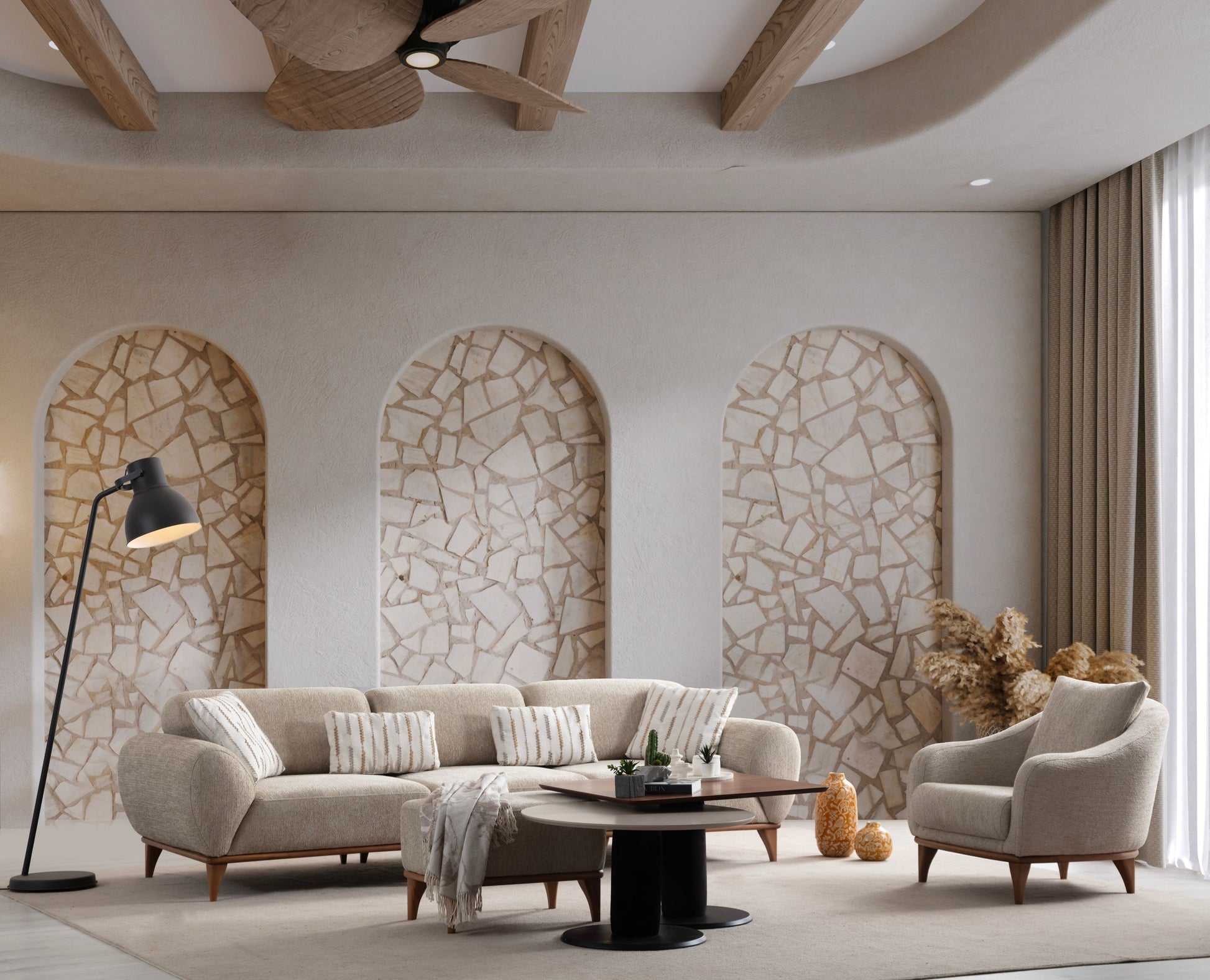 Sitzgruppe/Sofa Set - Wohnzimmergarnitur "Moonflower" 3+2+1 - Beige - Nobelaa