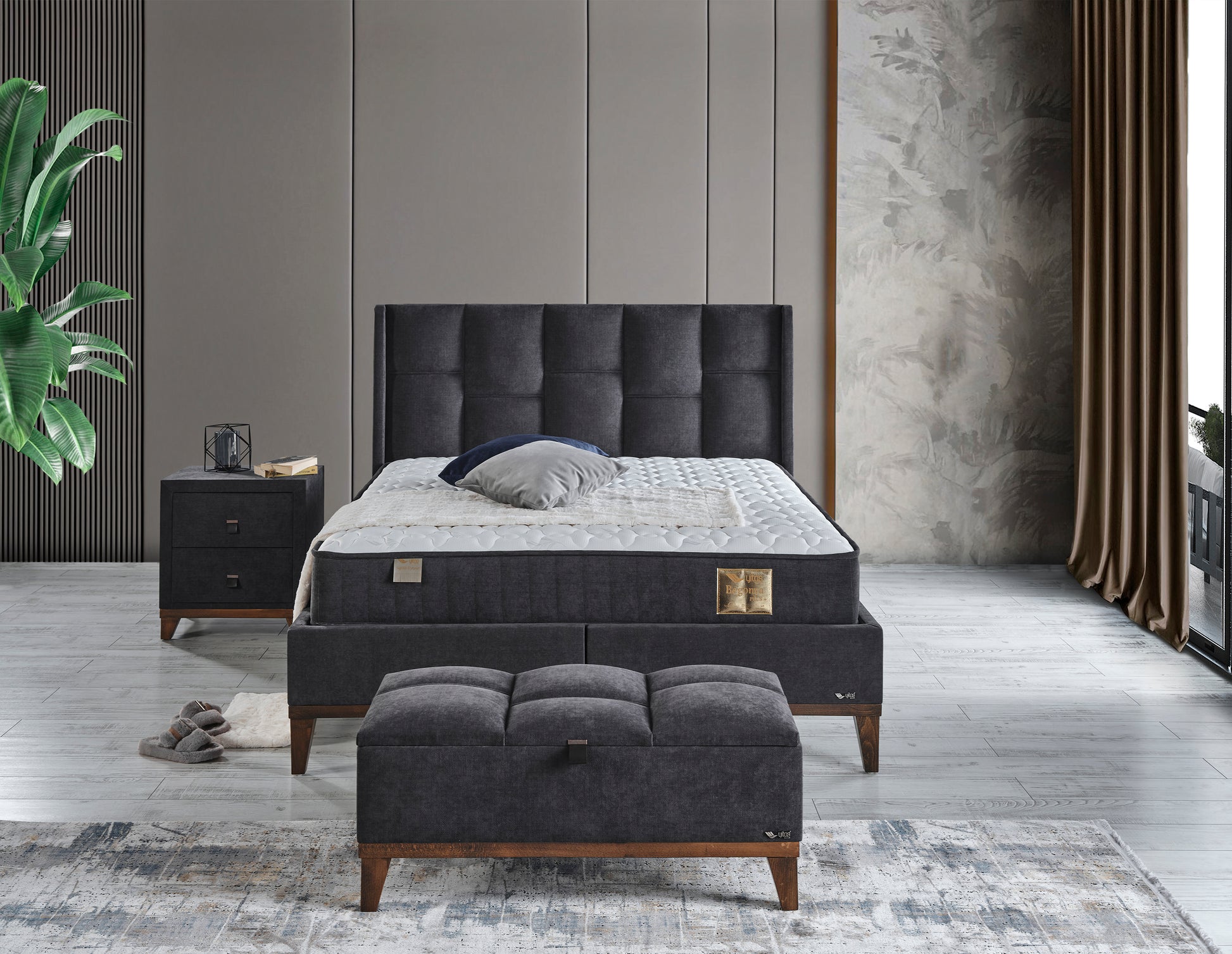 Schlafzimmer-Set "Rina" – Bett mit Bettkasten und Matratze , Nachttisch, Bettbank