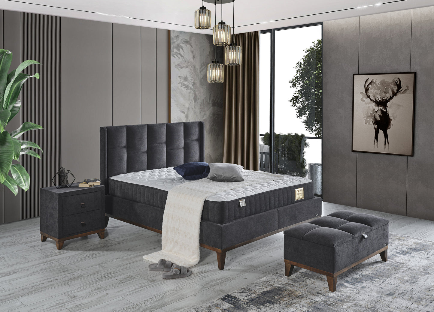 Schlafzimmer-Set "Rina" – Bett mit Bettkasten und Matratze , Nachttisch, Bettbank