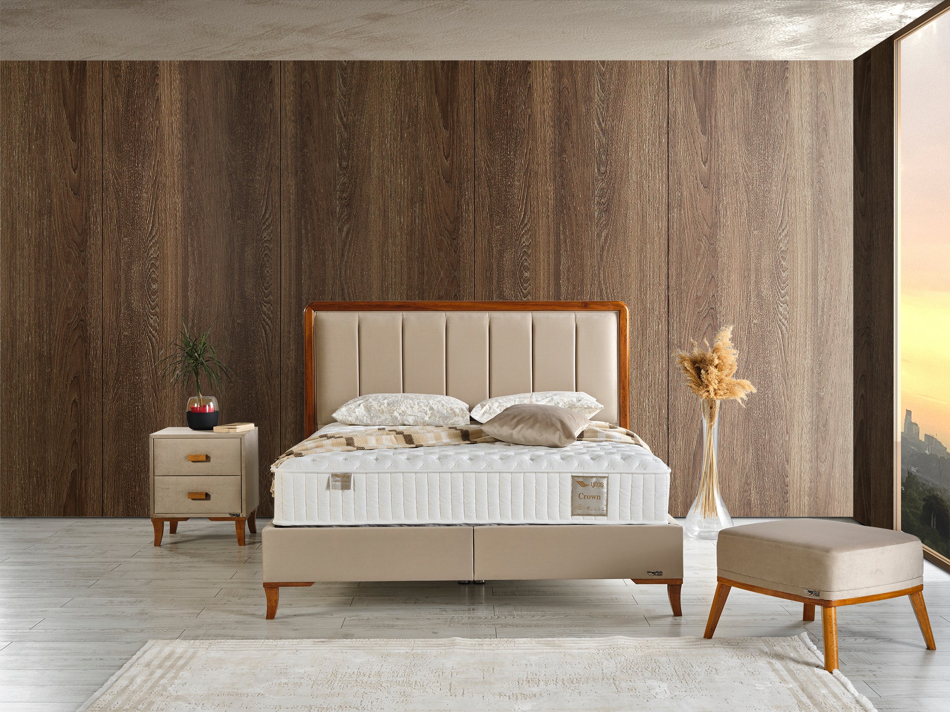 Schlafzimmer-Set "Rovina" – Bett mit Bettkasten und Matratze , Nachttisch, Hocker