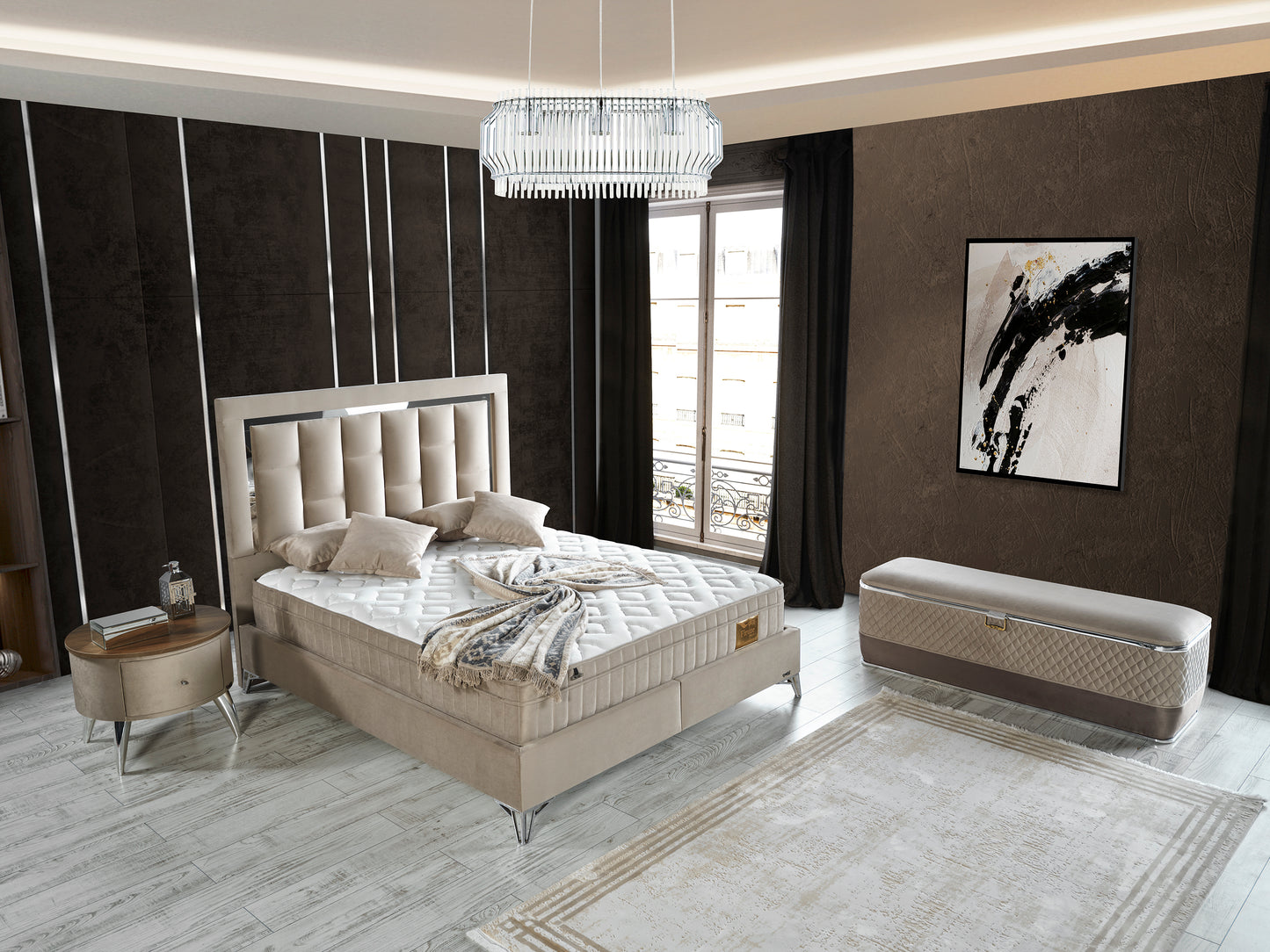 Schlafzimmer-Set "Tiva" – Bett mit Bettkasten und Matratze , Nachttisch, Bettbank