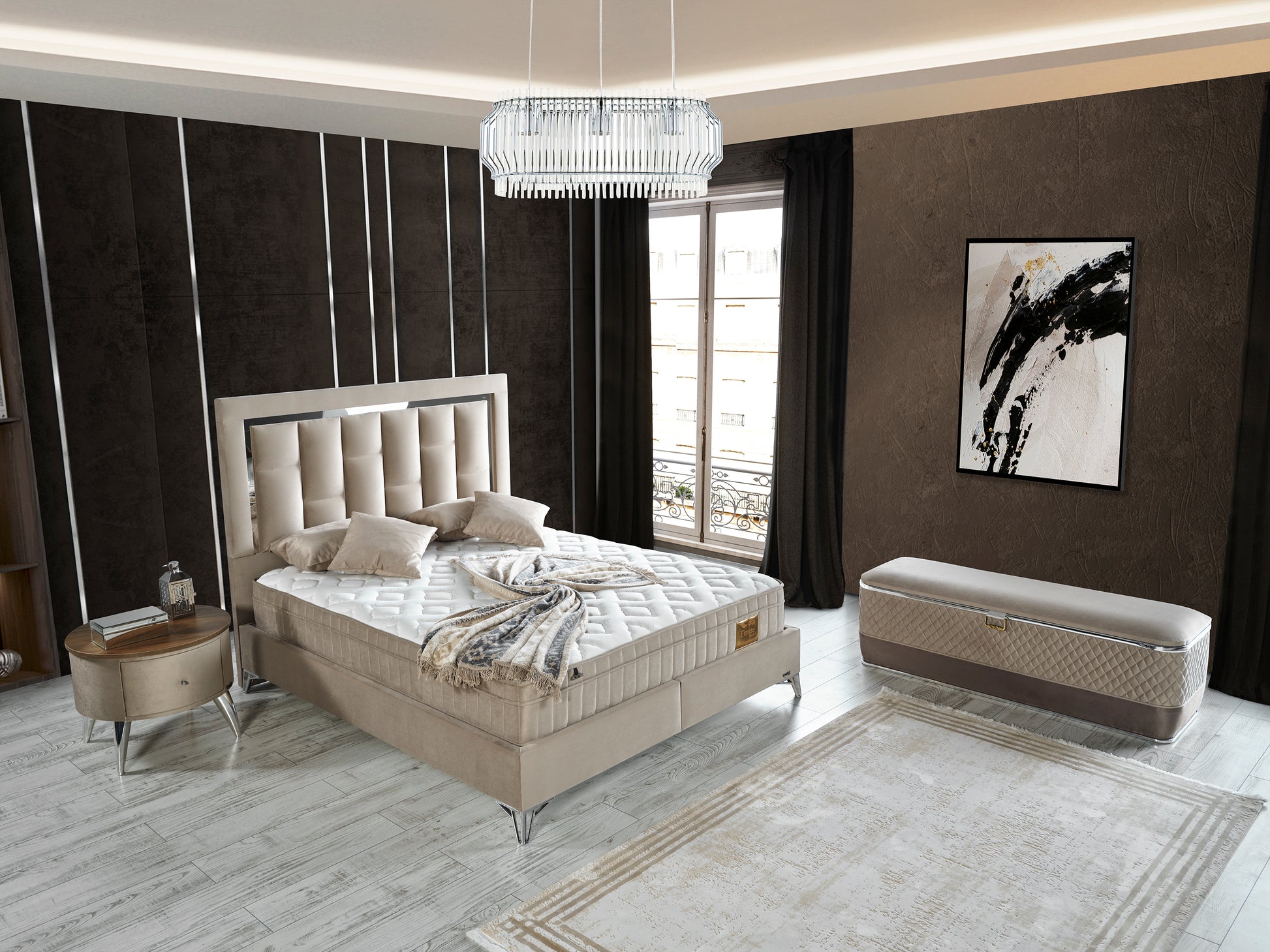 Schlafzimmer-Set "Tiva" – Bett mit Bettkasten und Matratze , Nachttisch, Bettbank