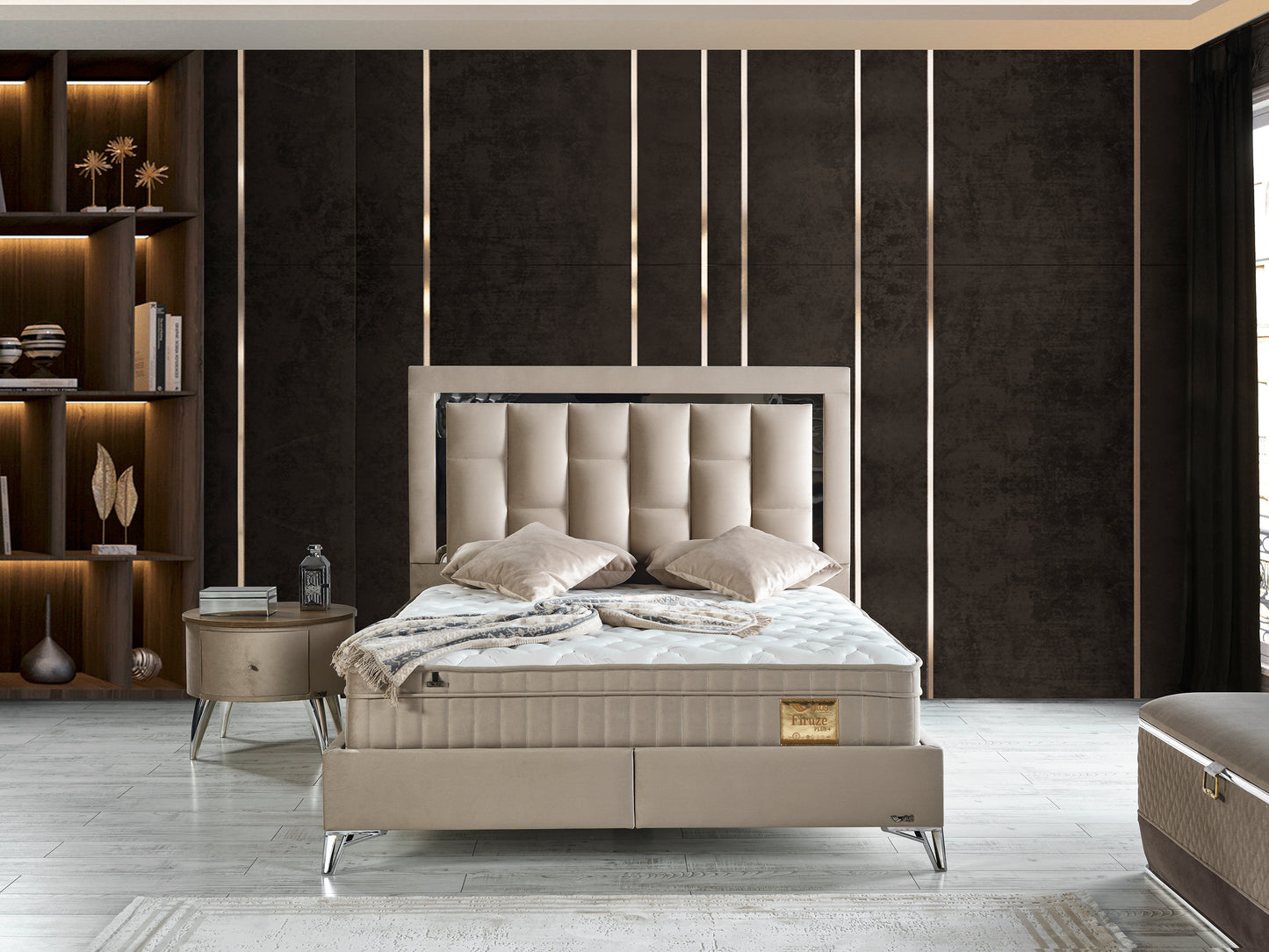 Schlafzimmer-Set "Tiva" – Bett mit Bettkasten und Matratze , Nachttisch, Bettbank