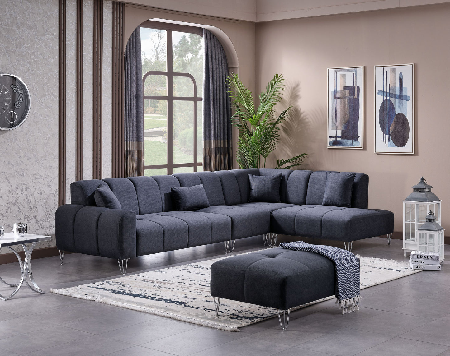 Ecksofa "Wasserrose" Ottomane rechts + Hocker