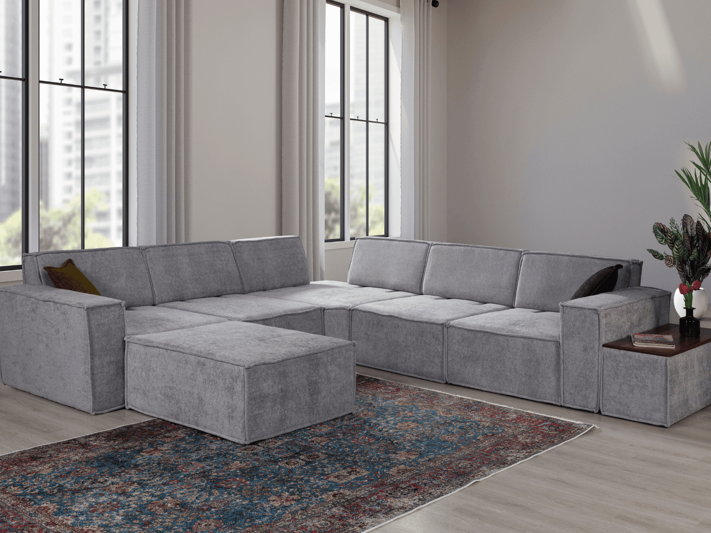 Modulares Ecksofa "Basil" + Hocker + Beistelltisch - Grau - Nobelaa