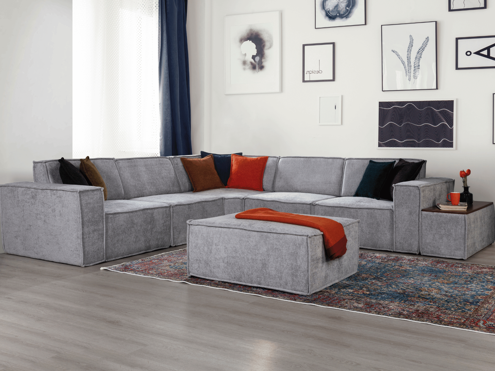 Modulares Ecksofa "Basil" + Hocker + Beistelltisch - Grau - Nobelaa