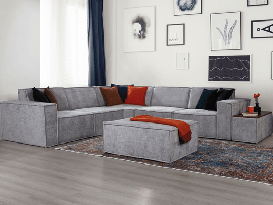 Modulares Ecksofa "Basil" + Hocker + Beistelltisch - Grau - Nobelaa