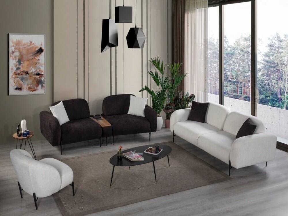 Sitzgruppe/Sofa Set - Wohnzimmergarnitur "Arbor" mit Bluetooth - Soundsystem - Weiß/Braun - Nobelaa