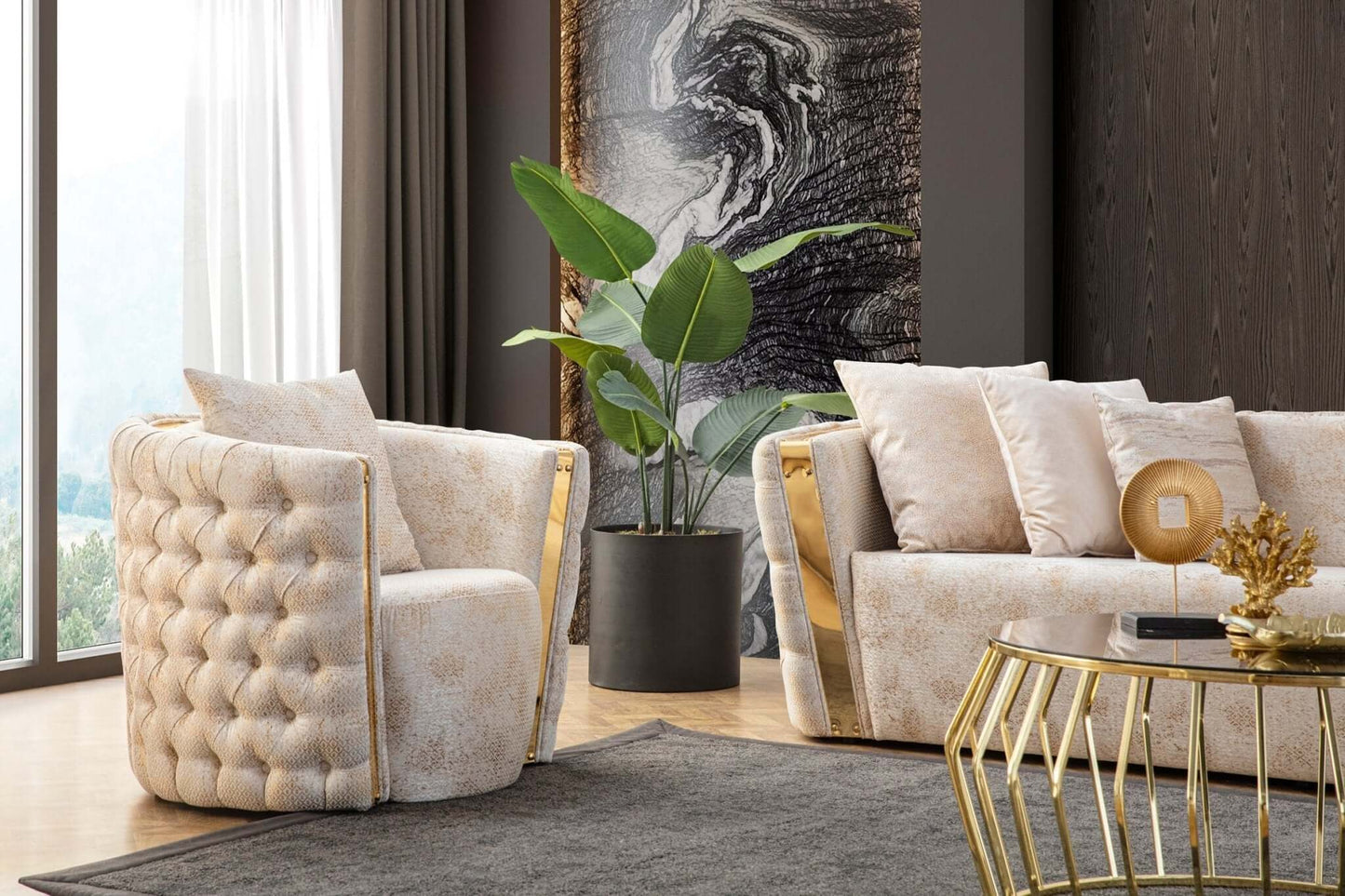 Sitzgruppe/Sofa Set - Wohnzimmergarnitur "Iris" - Weiß/Gold - Nobelaa