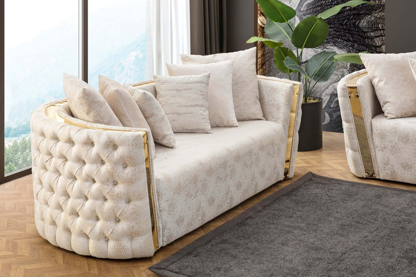 Sitzgruppe/Sofa Set - Wohnzimmergarnitur "Iris" - Weiß/Gold - Nobelaa