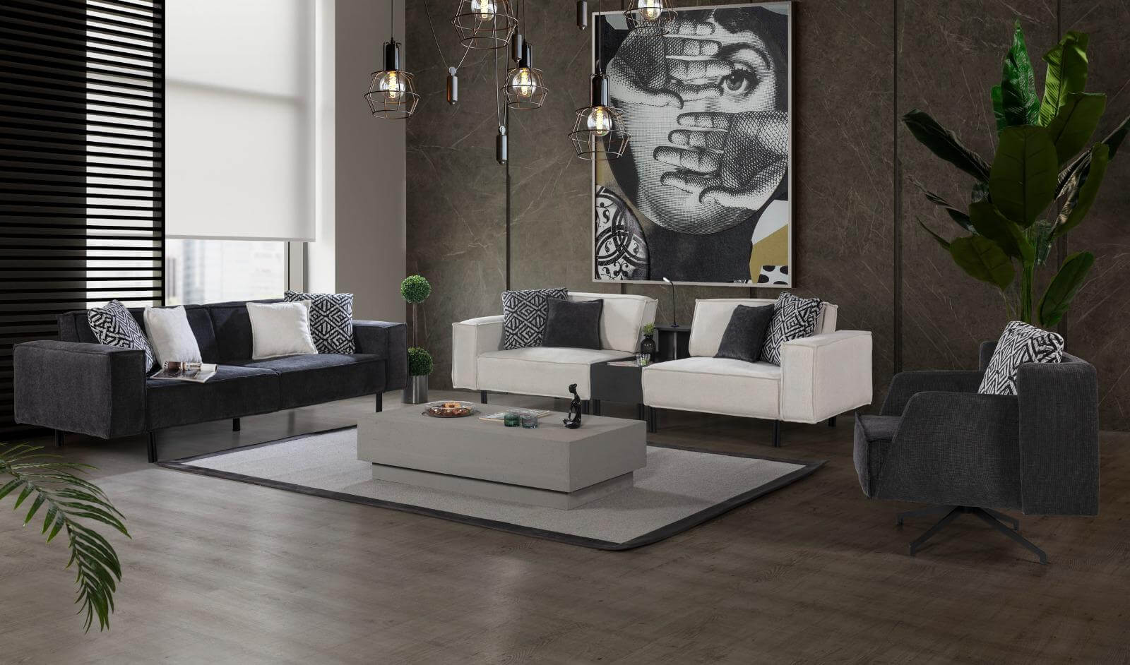 Sitzgruppe/Sofa Set - Wohnzimmergarnitur "Lotus" + Mittelkonsolentisch - Weiß/Schwarz - Nobelaa