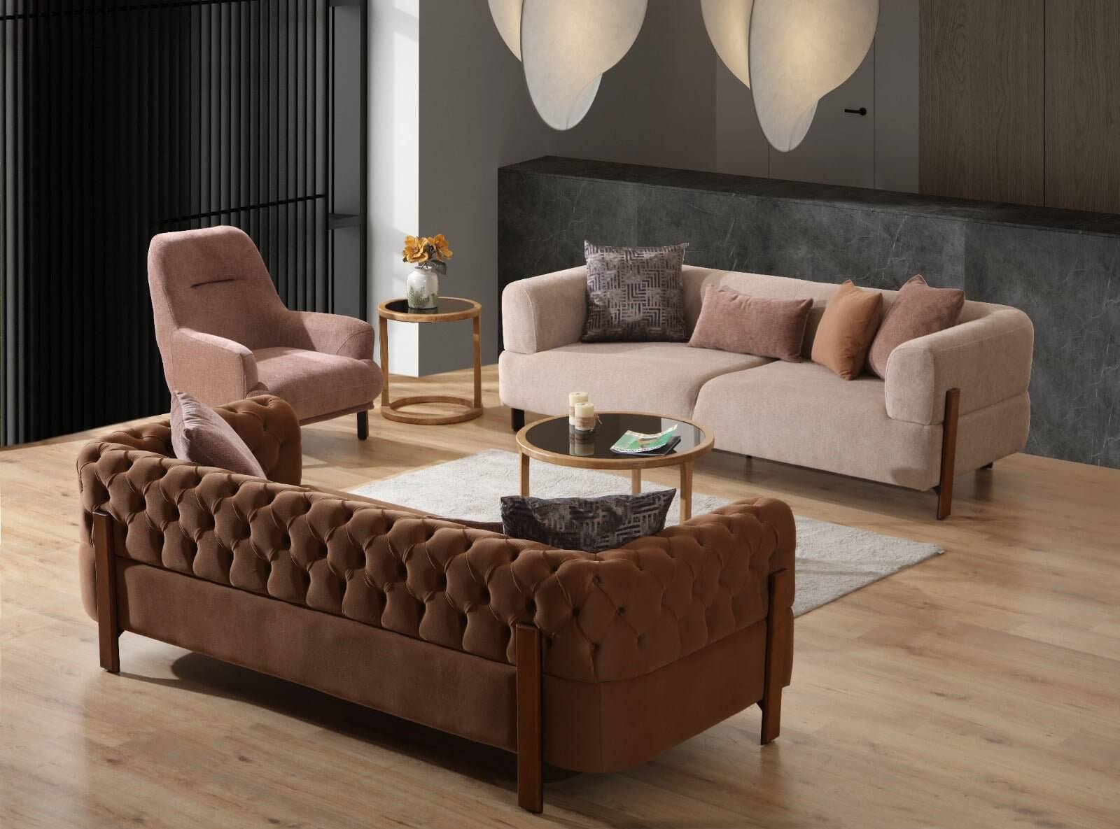 Sitzgruppe/Sofa Set - Wohnzimmergarnitur "Sage" - Beige/Braun - Nobelaa
