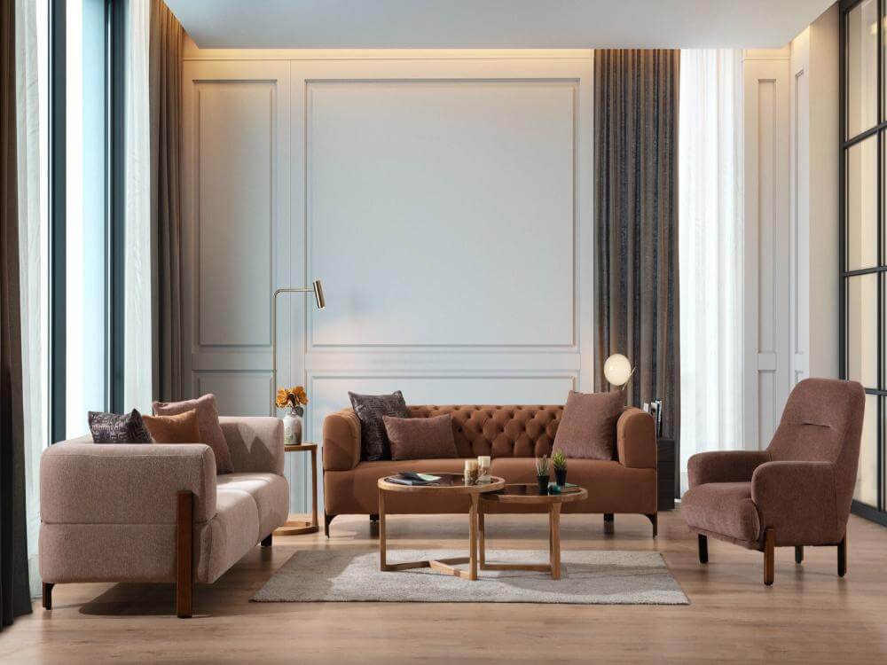 Sitzgruppe/Sofa Set - Wohnzimmergarnitur "Sage" - Beige/Braun - Nobelaa