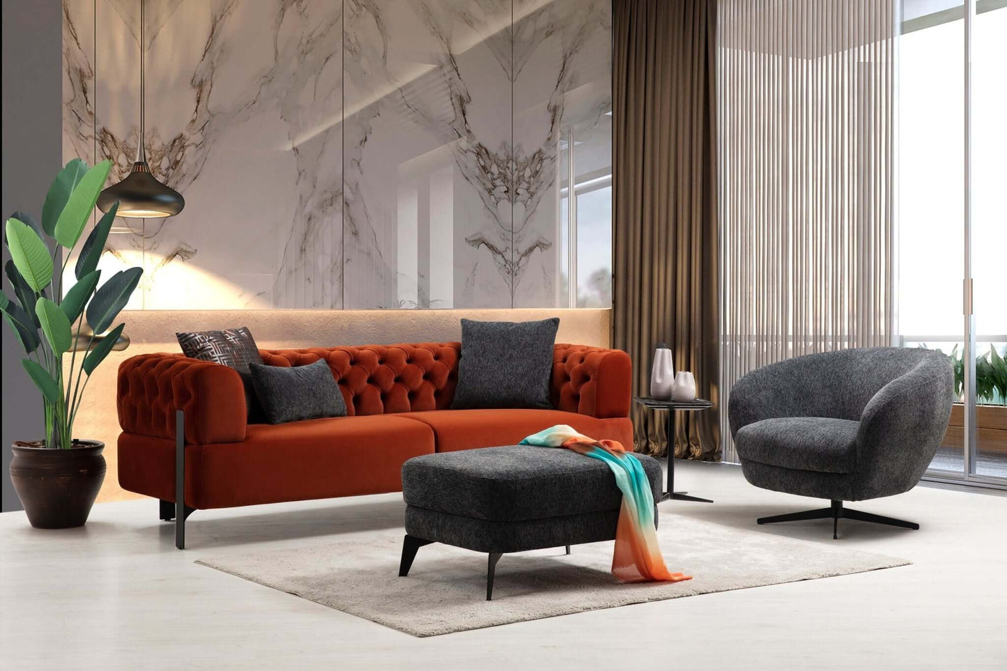 Sitzgruppe/Sofa Set - Wohnzimmergarnitur "Tigerlily" - Grau/Orange - Nobelaa